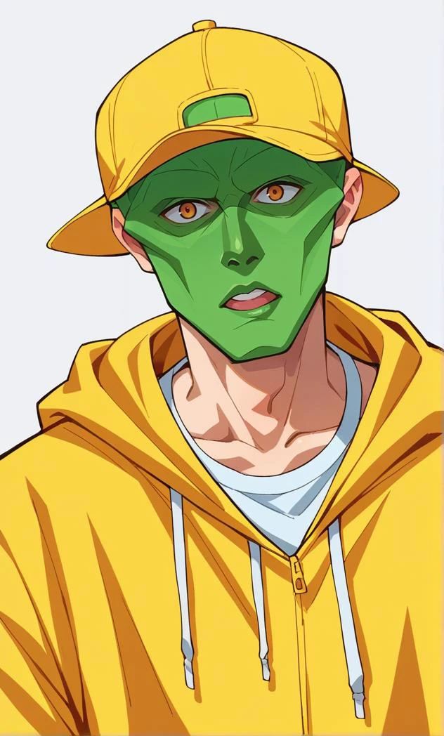 score_5, score_6, score_7, score_9, score_8_up, source_anime, <lora:Jojo_anime_part5:1>, BREAK , 1boy, solo, /(/The mask)/, green skin, green mask, yellow clothes, yellow cap, <lora:The_mask_-_pony:1>,