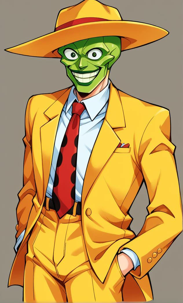 score_5, score_6, score_7, score_9, score_8_up, source_anime, <lora:j0j0styl3v1SDXLpony:0.9>, BREAK , 1boy, solo, /(/The mask)/, a man wears a yellow suit and a hat with feather, red tie, green skin, green mask, cowboy shot, smile, big smile, teeth, wide eyes, happy, <lora:The_mask_-_pony:1>,