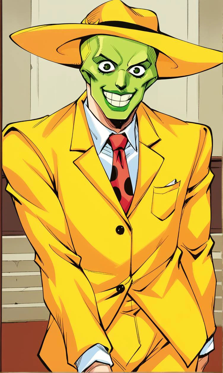 score_5, score_6, score_7, score_9, score_8_up, source_anime, <lora:j0j0styl3v1SDXLpony:1.0>, j0j0styl3, BREAK , 1boy, solo, /(/The mask)/, a man wears a yellow suit and a hat with feather, red tie, green skin, green mask, cowboy shot, smile, big smile, teeth, wide eyes, happy, <lora:The_mask_-_pony:1>,