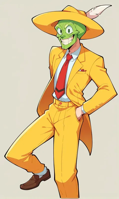 score_5, score_6, score_7, score_9, score_8_up, source_anime,  <lora:classicwd_v0_6_06wd_prod:1.2>, dsnd, BREAK , 1boy, solo, /(/The mask)/,  a man wears a yellow suit and a hat with feather, red tie,  green skin, green mask, cowboy shot, yellow pants, brown shoes,smile, big smile, teeth, wide eyes, happy, <lora:The_mask_-_pony:1>,