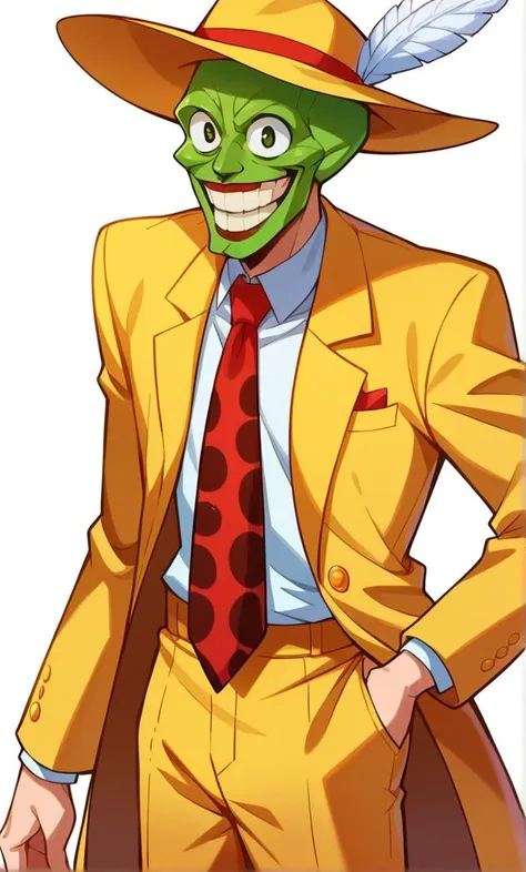 score_5, score_6, score_7, score_9, score_8_up, source_anime, <lora:Jojo_anime_part5:0.9>, BREAK , 1boy, solo, /(/The mask)/,  a man wears a yellow suit and a hat with feather, red tie,  green skin, green mask, cowboy shot, smile, big smile, teeth, wide eyes, happy, <lora:The_mask_-_pony:1>,