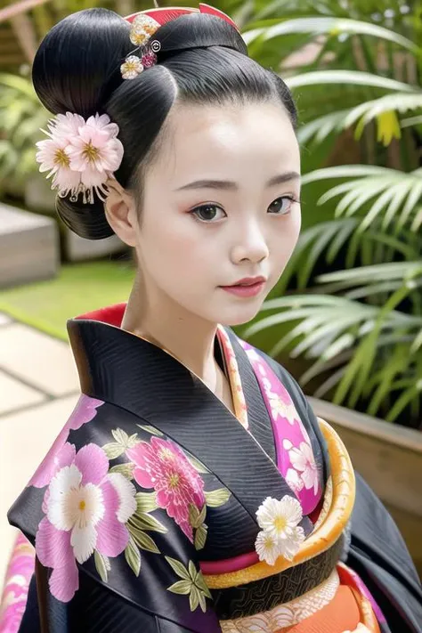 4K, Masterpiece, highres, absurdres,natural volumetric lighting and best shadows, deep depth of field, sharp focus, soft delicate beautiful attractive face, Japanese adult woman, solo, looking at viewer, black hair, hair ornament, flower, japanese clothes, hair flower, kimono, hair bun, black eyes, lips, grey eyes, floral print, single hair bun, portrait, realistic, black kimono, with a edgJapan haircut <lora:edgJapan:1>