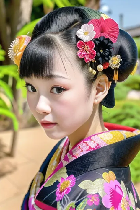 4K, Masterpiece, highres, absurdres,natural volumetric lighting and best shadows, deep depth of field, sharp focus, soft delicate beautiful attractive face, Japanese adult woman, solo, looking at viewer, black hair, hair ornament, flower, japanese clothes, hair flower, kimono, hair bun, black eyes, lips, grey eyes, floral print, single hair bun, portrait, realistic, black kimono, with a edgJapan haircut <lora:edgJapan:1> <lora:HDPornStyleTest3:0.3>,HDSTYLE,COLORFUL