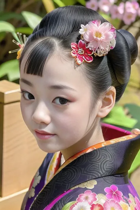 4K, Masterpiece, highres, absurdres,natural volumetric lighting and best shadows, deep depth of field, sharp focus, soft delicate beautiful attractive face, Japanese adult woman, solo, looking at viewer, black hair, hair ornament, flower, japanese clothes, hair flower, kimono, hair bun, black eyes, lips, grey eyes, floral print, single hair bun, portrait, realistic, black kimono, with a edgJapan haircut <lora:edgJapan:1>