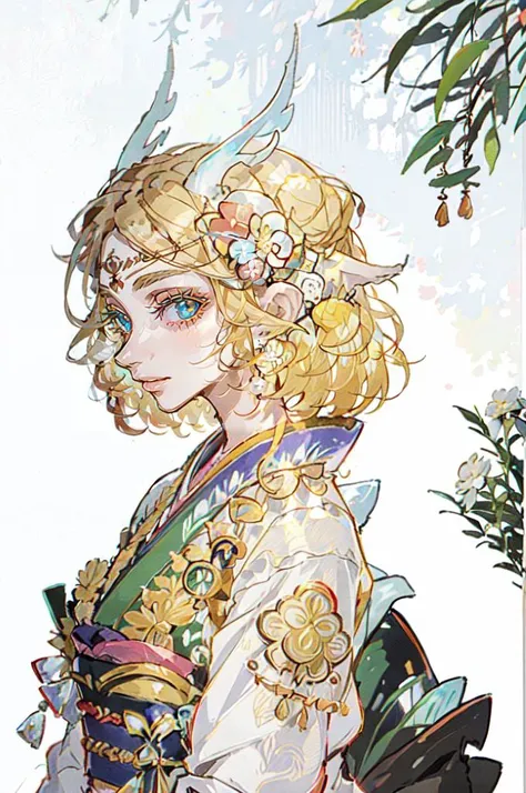 <lora:edgJapan:0.8> with a edgJapan haircut, hair ornament, flower, japanese clothes, hair flower, kimono, hair bun, <lora:lightdragon:0.8> lightdragon, princess zelda, dragon girl, blonde hair, horns, short hair, animal ears,, ultra detailed, masterpiece, best quality, aesthetic, detailed,