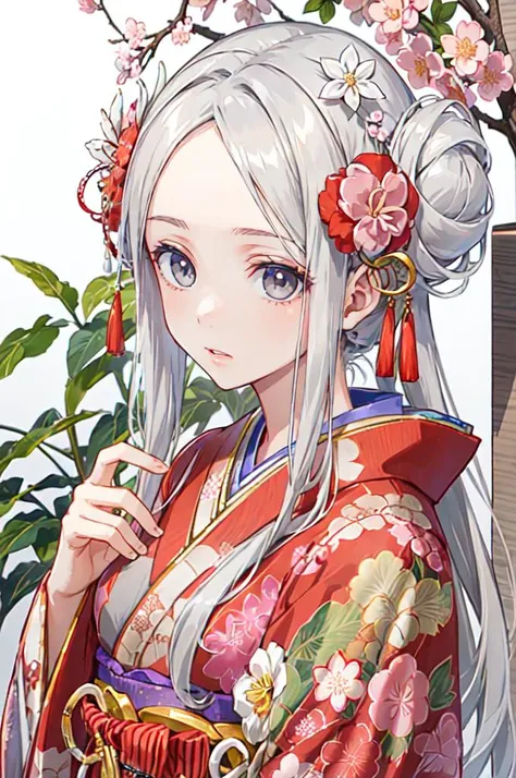 <lora:edgJapan:0.8> with a edgJapan haircut, hair ornament, flower, japanese clothes, hair flower, kimono, hair bun, pink theme, cherry blossoms,, ultra detailed, masterpiece, best quality, aesthetic, detailed,, serious, 1girl, (white eyes:1.1), (grey eyes:1.3), white hair, very long hair, parted hair, parted bangs, <lora:parted_hair_v1.3:1.3>, medium breasts,
