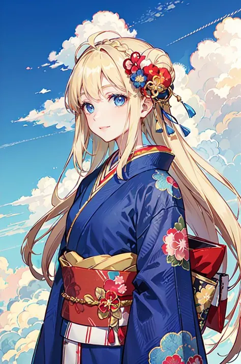 <lora:edgJapan:0.8> with a edgJapan haircut, hair ornament, flower, japanese clothes, hair flower, kimono, hair bun, (blue theme, blue clothes, cloud print:1.35),, ultra detailed, masterpiece, best quality, aesthetic, detailed,, solo, soft smile, light smile,
1girl, blue eyes, very long hair, blonde hair, long blonde hair, french braid, bangs, medium breasts,