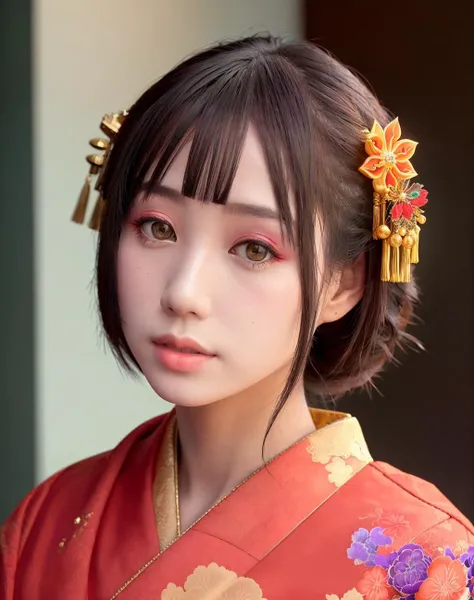 Masterpiece, absurdres,award winning photo, extremely detailed, amazing, fine detail, extremely detailed eyes and face, by lee jeffries nikon d850 film stock photograph 4 kodak portra 400 camera f1.6 lens rich colors hyper realistic lifelike texture dramatic lighting unrealengine trending on artstation cinestill 800 tungsten, beautiful woman ,
 <lora:Kanzashi_Headwear:1>,kanzashi headwear, a woman in a kimono ,wearing kanzashi headwear, long straight hair