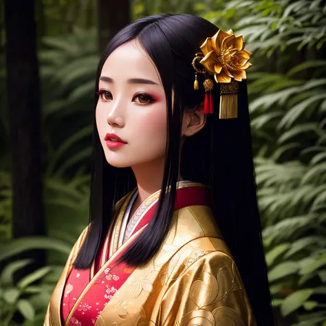 Masterpiece, absurdres,award winning photo, extremely detailed, amazing, fine detail, extremely detailed eyes and face, by lee jeffries nikon d850 film stock photograph 4 kodak portra 400 camera f1.6 lens rich colors hyper realistic lifelike texture dramatic lighting unrealengine trending on artstation cinestill 800 tungsten, beautiful woman ,
<lora:Kanzashi_Headwear:0.85>,kanzashi headwear, a woman in a kimono ,wearing kanzashi headwear, long straight hair, woman posing for a picture, forest background