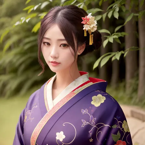 Masterpiece, absurdres,award winning photo, extremely detailed, amazing, fine detail, extremely detailed eyes and face, by lee jeffries nikon d850 film stock photograph 4 kodak portra 400 camera f1.6 lens rich colors hyper realistic lifelike texture dramatic lighting unrealengine trending on artstation cinestill 800 tungsten, beautiful Japanese woman ,
<lora:Kanzashi_Headwear:0.85>,kanzashi headwear, a woman in a kimono ,wearing kanzashi headwear, woman posing for a picture, forest background