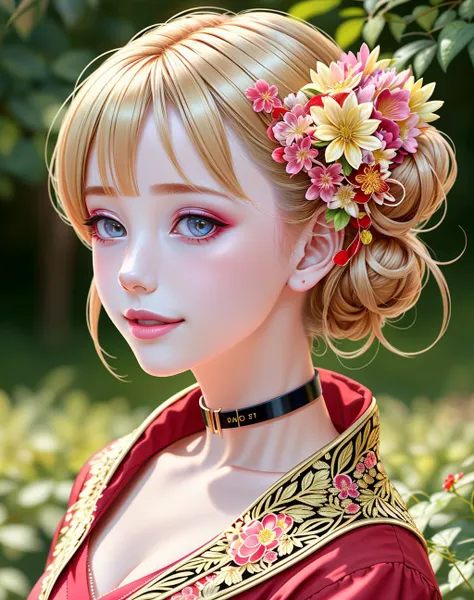 4K, Masterpiece, highres, absurdres,natural volumetric lighting and best shadows, deep depth of field, sharp focus, soft delicate beautiful attractive face,blonde Nadia with sunglasses and a choker , smiling,
1girl, solo, hair ornament, upper body, flower, hair flower, hair bun, puffy lips, with a edgJapan haircut,
<lora:Nadia:0.35> <lora:edgJapan:0.78>