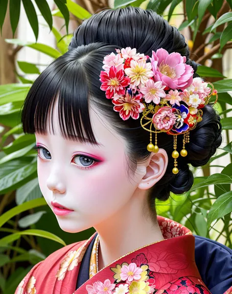 4K, Masterpiece, highres, absurdres,natural volumetric lighting and best shadows, deep depth of field, sharp focus, soft delicate beautiful attractive face,
Japanese adult woman, solo, looking at viewer, black hair, hair ornament, flower, japanese clothes, hair flower, kimono, hair bun, black eyes, lips, grey eyes, floral print, single hair bun, portrait, realistic, black kimono, with a edgJapan haircut
<lora:edgJapan:1>