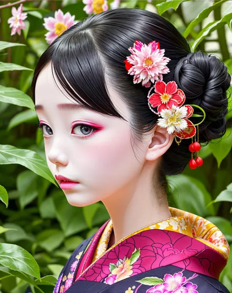 4K, Masterpiece, highres, absurdres,natural volumetric lighting and best shadows, deep depth of field, sharp focus, soft delicate beautiful attractive face,
Japanese adult woman, solo, looking at viewer, black hair, hair ornament, flower, japanese clothes, hair flower, kimono, hair bun, black eyes, lips, grey eyes, floral print, single hair bun, portrait, realistic, black kimono, with a edgJapan haircut
<lora:edgJapan:1>
