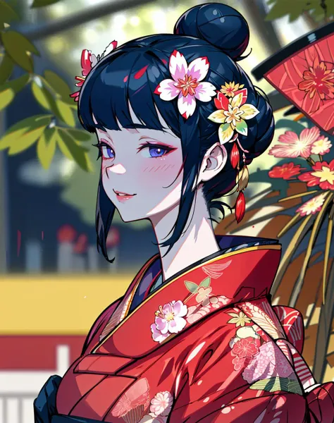 4K, Masterpiece, highres, absurdres,natural volumetric lighting and best shadows, deep depth of field, sharp focus, soft delicate beautiful attractive face,vandread,blonde Nadia with sunglasses and a choker , smiling, vandread drawing style,
1girl, solo, black hair, hair ornament, upper body, flower, japanese clothes, hair flower, kimono, hair bun, blurry, lips, blurry background, floral print, realistic, red kimono, with a edgJapan haircut
<lora:Dita:0.25> <lora:Nadia:0.35> <lora:zeronis:1> <lora:edgJapan:1>