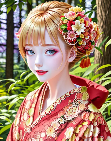 4K, Masterpiece, highres, absurdres,natural volumetric lighting and best shadows, deep depth of field, sharp focus, soft delicate beautiful attractive face, blonde Nadia with sunglasses and a choker , smiling, ,
1girl, solo, hair ornament, upper body, flower, japanese clothes, hair flower, kimono, hair bun, blurry, lips, blurry background, floral print, realistic, red kimono, with a edgJapan haircut,
<lora:Nadia:0.35> <lora:edgJapan:1>