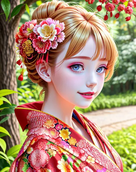 4K, Masterpiece, highres, absurdres,natural volumetric lighting and best shadows, deep depth of field, sharp focus, soft delicate beautiful attractive face, blonde Nadia with sunglasses and a choker , smiling, ,
1girl, solo, hair ornament, upper body, flower, japanese clothes, hair flower, kimono, hair bun, blurry, lips, blurry background, floral print, realistic, red kimono, with a edgJapan haircut,
<lora:Nadia:0.35> <lora:edgJapan:1>