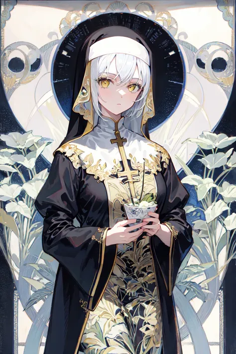 1girl, solo, white hair, short hair, undercut, yellow eyes, (gold embroidered clothes:1.0), (black nun veil:1.0), (black cassock:1.0),, (art nouveau:1.3), detailed gold pattern background,