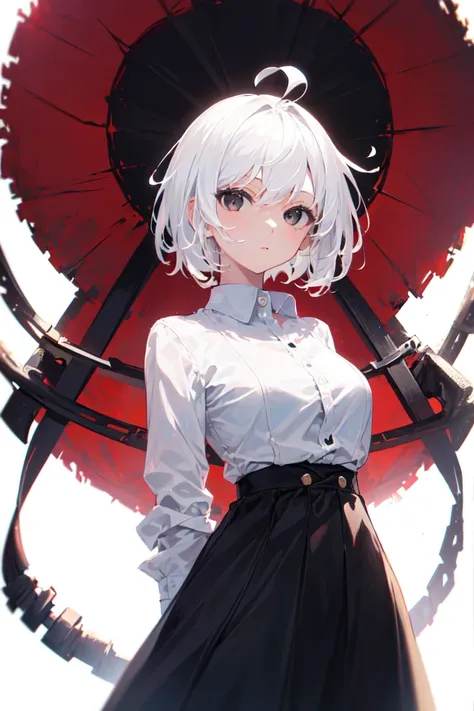 ((masterpiece, best quality)), (1girl), (solo), (female focus), (ahoge, white hair, short hair, undercut), (black eyes), ((white shirt), (buttoned shirt)), ((black skirt), (long skirt)), white background, arms behind back