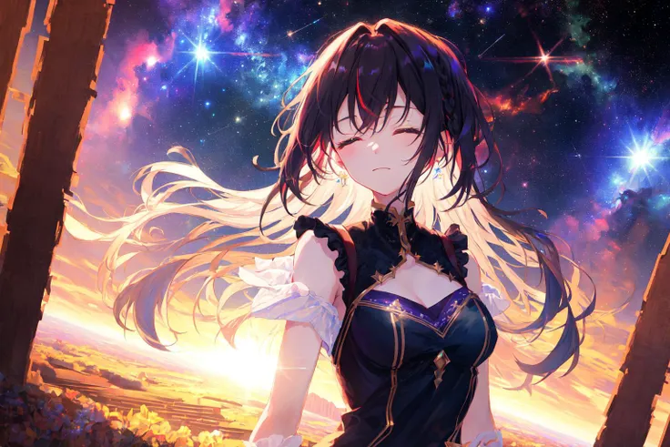 1girl, masterpiece, best quality, extremly detailed, Cinematic lighting, highres, official art, finely detailed beautiful face, high resolution illustration, 8k, dark intense shadows, overexposure, multicolored hair, gradient hair, black hair, white hair, medium hair, floating hair, upper body, ((dutch angle)), universe, space, sunshine, lens flare, galaxy, nebula, closed eyes, black top, white frill, colorful background, medium breasts