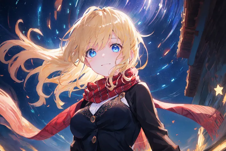 1girl, masterpiece, best quality, hyper detailed, Cinematic light, intricate_detail, highres, official art, finely detailed beautiful face, high resolution illustration, 8k, dark intense shadows, overexposure, from below, medium blonde hair, hair fluttering in the wind, blue eyes, aquatic eyes, light smile,white shirt, red scarf, fluttering clothes, medium breasts, night, detailed sky, stars, detailed stars, ((star trail)), beautiful detailed glow, spotlight, high contrast, wide shot, upper body, detailed background, dark sky, intricate_detail, desert, looking at the viewer, young girl, perfect circle
