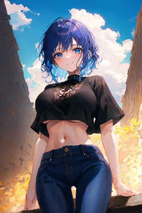 1girl, masterpiece, best quality, extremly detailed, Cinematic lighting, intricate detail, highres, official art, finely detailed beautiful face and eyes, high resolution illustration, 8k, dark intense shadows, overexposure, blue hair, bangs, black shirt, navel, crop top, large breasts, black jeans, overfit shirt, underboobs, (smug), blue sky, clouds