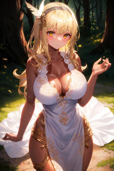 1girl, masterpiece, best quality, extremly detailed, Cinematic lighting, intricate detail, highres, official art, finely detailed beautiful face and eyes, high resolution illustration, 8k, dark intense shadows, overexposure, nude, curvy, large breasts, long blonde hair, (white dot on face), ((tan)), white dress, yellow eyes,((indian style)), white clothes, cleavage, shiny skin, expressionless, large breasts, thighs, [[curvy]], (forest), cowboy shot, spotlight, (indian clothes), sweat, standing, hairband, feather hair ornament
