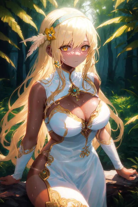 1girl, masterpiece, best quality, extremly detailed, Cinematic lighting, intricate detail, highres, official art, finely detailed beautiful face and eyes, high resolution illustration, 8k, dark intense shadows, overexposure, nude, curvy, large breasts, long blonde hair, (white paint on face), ((tan)), white dress, yellow eyes,((indian style)), white clothes, cleavage, shiny skin, expressionless, large breasts, thighs, [[curvy]], (forest), cowboy shot, spotlight, (indian clothes), sweat, standing, hairband, feather hair ornament