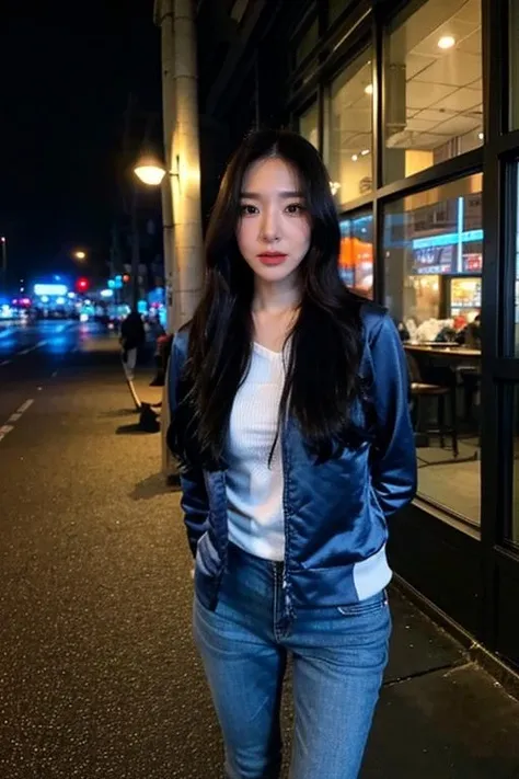 Fujifilm XT3, 8k,close up photo, masterpiece, best quality, (((1girl))), solo,realistic, ((looking at viewer)), photorealistic, (extremely detailed face), looking at viewer, ((ultra-detailed eyes and pupils)), ultra detailed, serious expression, ((standing city street at night)), hoodie, long sleeves, (arms behind back),  <lora:tiffanylorashy:0.9>