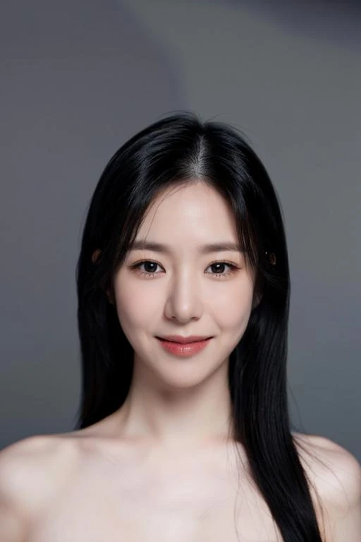 (masterpiece, top quality, best quality, (close-up photograph: 2), ((1girl)), fair skin, (((closed lips))), small eyes, (extremely detailed face), looking straight, ultra-detailed eyes and pupils, ((bare pectorals)), ((bare chest)), bare head, nude dress, (((bare shoulders))), symmetrical frame, ((strapless)), (((smile))), ((symmetrical pose)), looking at viewer, (((looking at viewer))), (symmetrical face: 1.6), 35mm, simple grey background, ((studio lighting)), no watermark, ((long black hair)), <lora:yellorashy:1>