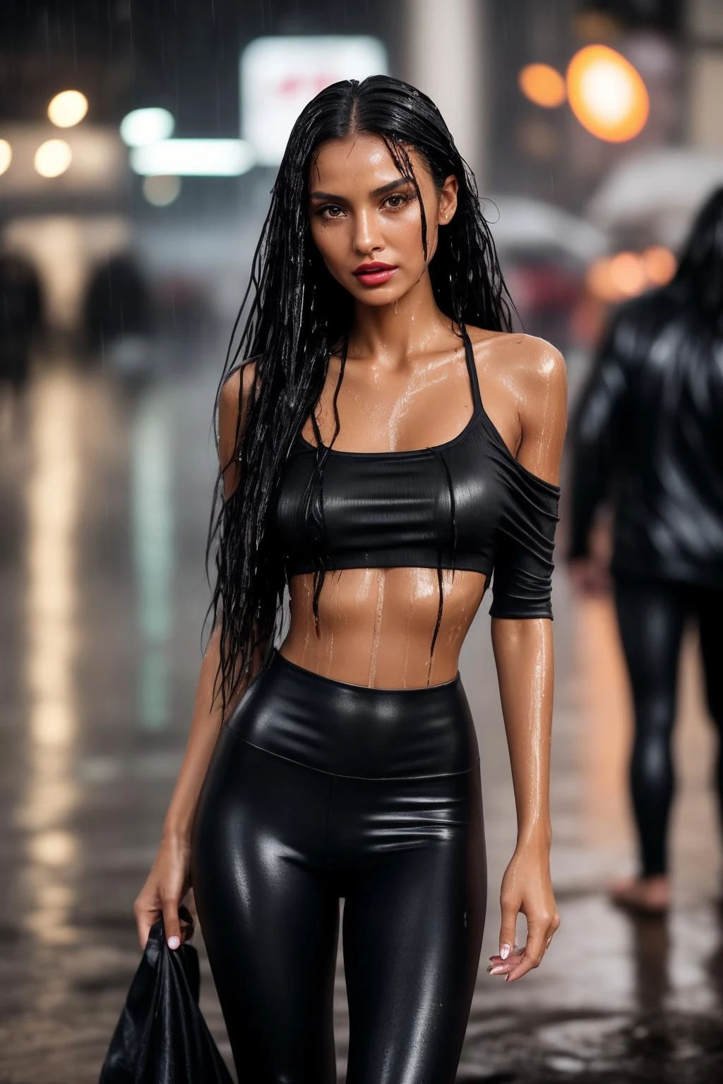 âA close-up shot of a tanned girl with very long legs, long black hair, skinny body, narrow waist, (abs:0.7), in public at a German City ((at night in the pouring rain)) with spandex leggings and crop top (smokey dark eyes and lipstick ) with a pensive expression, wearing a dark, off-the-shoulder dress and a single, statement piece of jewelry, The background should be out of focus and feature soft, warm tonesâ (soaking wet) (wet hair, wet body, wet clothes)