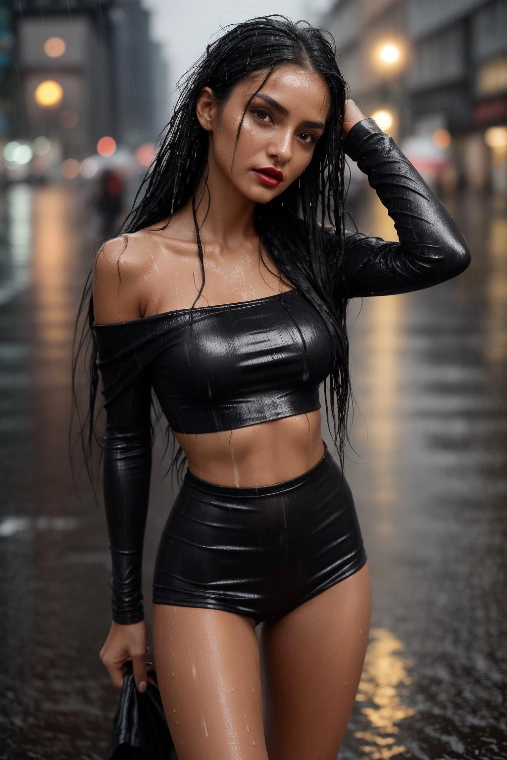 âA close-up shot of a tanned girl with very long legs, long black hair, skinny body, narrow waist, (abs:0.7), in public at a German City ((at night in the pouring rain)) with spandex leggings and crop top (smokey dark eyes and lipstick ) with a pensive expression, wearing a dark, off-the-shoulder dress and a single, statement piece of jewelry, The background should be out of focus and feature soft, warm tonesâ (soaking wet) (wet hair, wet body, wet clothes)