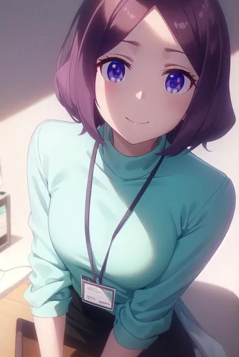 rintooyama, <lora:rin tooyama s2-lora-nochekaiser:1>,
rin tooyama, short hair, brown hair, (purple eyes:1.1), smile,
BREAK skirt, shirt, long sleeves, black skirt, turtleneck, blue shirt, id card, lanyard,
BREAK indoors, office,
BREAK looking at viewer, (cowboy shot:1.5),
BREAK <lyco:GoodHands-beta2:1>, (masterpiece:1.2), best quality, high resolution, unity 8k wallpaper, (illustration:0.8), (beautiful detailed eyes:1.6), extremely detailed face, perfect lighting, extremely detailed CG, (perfect hands, perfect anatomy),