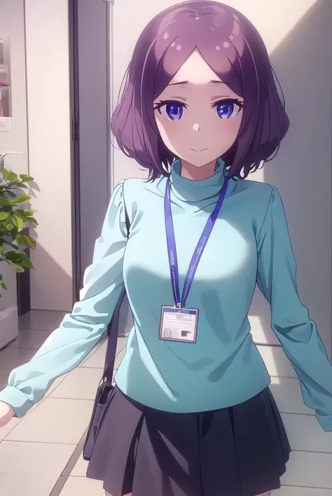 rintooyama, <lora:rin tooyama s2-lora-nochekaiser:1>,
rin tooyama, short hair, brown hair, (purple eyes:1.1), smile,
BREAK skirt, shirt, long sleeves, black skirt, turtleneck, blue shirt, id card, lanyard,
BREAK indoors, office,
BREAK looking at viewer, (cowboy shot:1.5),
BREAK <lyco:GoodHands-beta2:1>, (masterpiece:1.2), best quality, high resolution, unity 8k wallpaper, (illustration:0.8), (beautiful detailed eyes:1.6), extremely detailed face, perfect lighting, extremely detailed CG, (perfect hands, perfect anatomy),