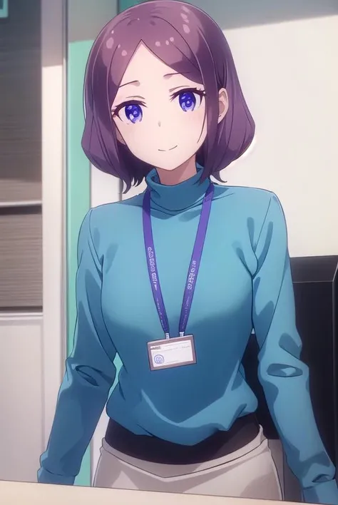 rintooyama, <lora:rin tooyama s2-lora-nochekaiser:1>,
rin tooyama, short hair, brown hair, (purple eyes:1.1), smile,
BREAK skirt, shirt, long sleeves, black skirt, turtleneck, blue shirt, id card, lanyard,
BREAK indoors, office,
BREAK looking at viewer, (cowboy shot:1.5),
BREAK <lyco:GoodHands-beta2:1>, (masterpiece:1.2), best quality, high resolution, unity 8k wallpaper, (illustration:0.8), (beautiful detailed eyes:1.6), extremely detailed face, perfect lighting, extremely detailed CG, (perfect hands, perfect anatomy),