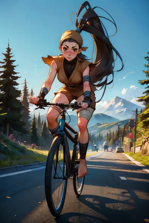ibuki, long black hair, brown eyes, high ponytail, ahoge, ninja, bandages, fingerless gloves, brown attire, bandana, hip vent, barefoot, looking at viewer, serious, blush, sweat, riding bicycle, holding handlebars, outside, street, uphill, trees, blue sky, high quality, masterpiece, <lora:IbukiSF4:.8> <lora:girllikeuphill:.6>