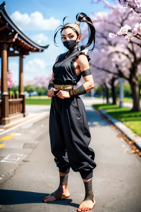 ibuki, long black hair, brown eyes, high ponytail, ahoge, ninja, mouth mask, bandages, fingerless gloves, bandana, hip vent,barefoot, looking at viewer, smiling, full body shot, standing, outside, temple, cherry blossom, overcast, high quality, masterpiece, <lora:IbukiSF4:.8>