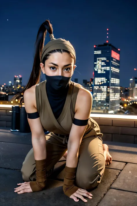 ibuki, long black hair, brown eyes, high ponytail, ahoge, ninja, brown attire, pants, mouth mask, bandages, fingerless gloves, bandana, hip vent, barefoot, looking at viewer, serious, blush, kneeling, leaning forward, outside, building roof, night time, dark, cityscape, high quality, masterpiece, <lora:IbukiSF4:.7>