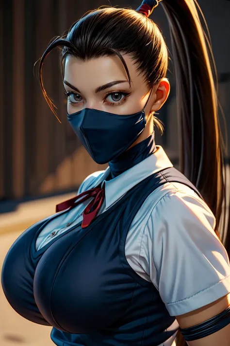 (ultra realistic,32k, masterpiece:1.2),(high detailed skin:1.1),( high quality:1.1),
<lora:ibukiSF5:0.6>ibuki,black hair,brown eyes,long hair,high ponytail,school uniform,mouth mask,gauntlets,solo, blank background blurry background,(looking at viewer, Bend forward:1.1),, huge breast,large breast,<lora:add_detail:0.78>,
(tenebrism:1.1),