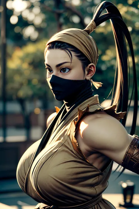 (ultra realistic,32k, masterpiece:1.2),(high detailed skin:1.1),( high quality:1.1),
<lora:IbukiSF4:0.8>Ibuki,brown eyes,black hair,ponytail,ninja,mouth mask,starforge foundry, celestial craftsmanship, forging cosmic weapons, divine creations blurry background,fighting stance pose, (huge breast,large breast:1.1),<lora:add_detail:0.84>,
(soft shaded:1.1),