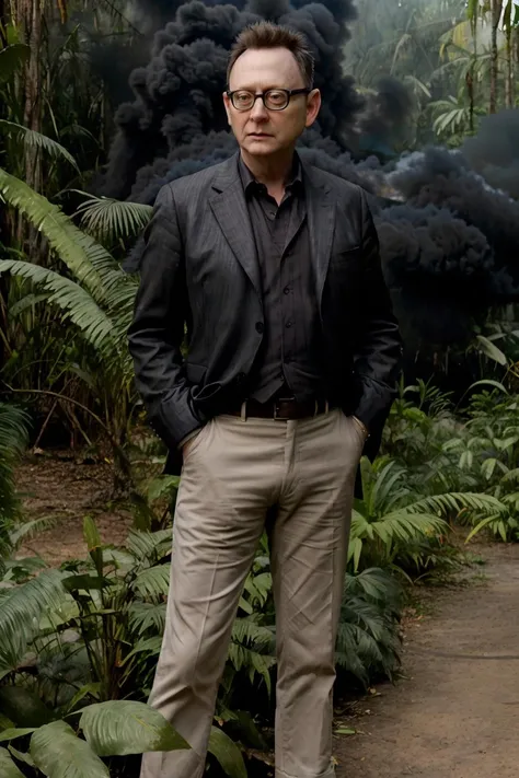 <lora:MichaelEmerson:0.8> masterpiece, realistic, raw photo, michaelemerson, glasses, full body, in the jungle, black smoke in the background