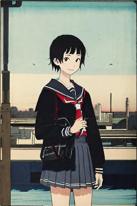 <lora:edo_ukiyoe_v1:0.6> <lora:MatoiTsunetsuki:1> outdoors, skys, school uniform,serafuku, white shirt, scenery, blue micro mini skirt,
(best quality, masterpiece, RAW photo,ultra-detailed:1.2), <lyco:GoodHands-beta2:1.0>,1girl,solo,looking at viewer,smile