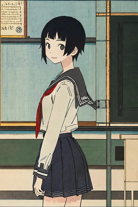 <lora:edo_ukiyoe_v1:0.6> <lora:MatoiTsunetsuki:1> outdoors, skys, school uniform,serafuku, white shirt, scenery, blue micro mini skirt, at classroom,
(best quality, masterpiece, RAW photo,ultra-detailed:1.2), <lyco:GoodHands-beta2:1.0>,1girl,solo,looking at viewer,smile