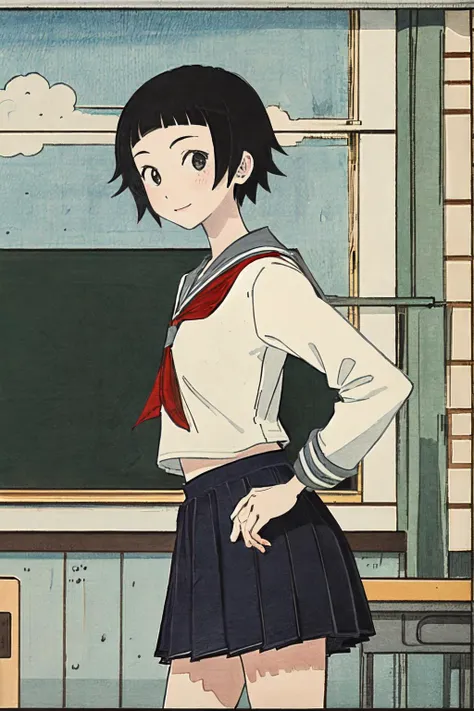 <lora:edo_ukiyoe_v1:0.6> <lora:MatoiTsunetsuki:1> outdoors, skys, school uniform,serafuku, white shirt, scenery, blue micro mini skirt, at classroom,
(best quality, masterpiece, RAW photo,ultra-detailed:1.2), <lyco:GoodHands-beta2:1.0>,1girl,solo,looking at viewer,smile