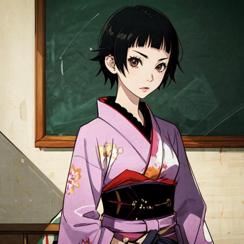 (masterpiece:1.2), ultra detailed, <lora:MatoiTsunetsuki:0.8>, Matoi, kimono, hakama, classroom, chalkboard, best quality, looking at the viewer