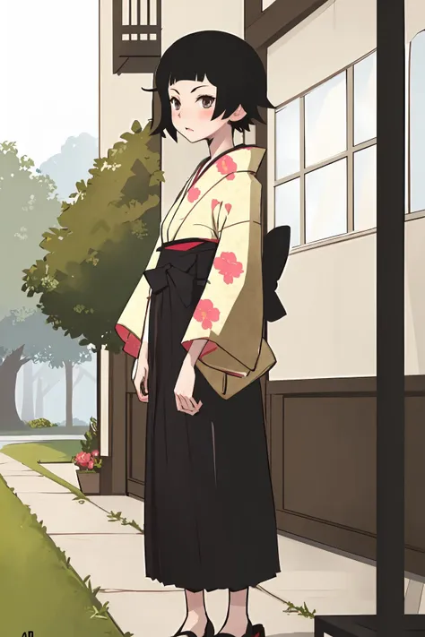 (masterpiece:1.2), ultra detailed, <lora:MatoiTsunetsuki:0.9>, Matoi, flower kimono, hakama, sandals, skirt, yagasuri, garden, tree, butterfly, persistent stare, blush, best quality