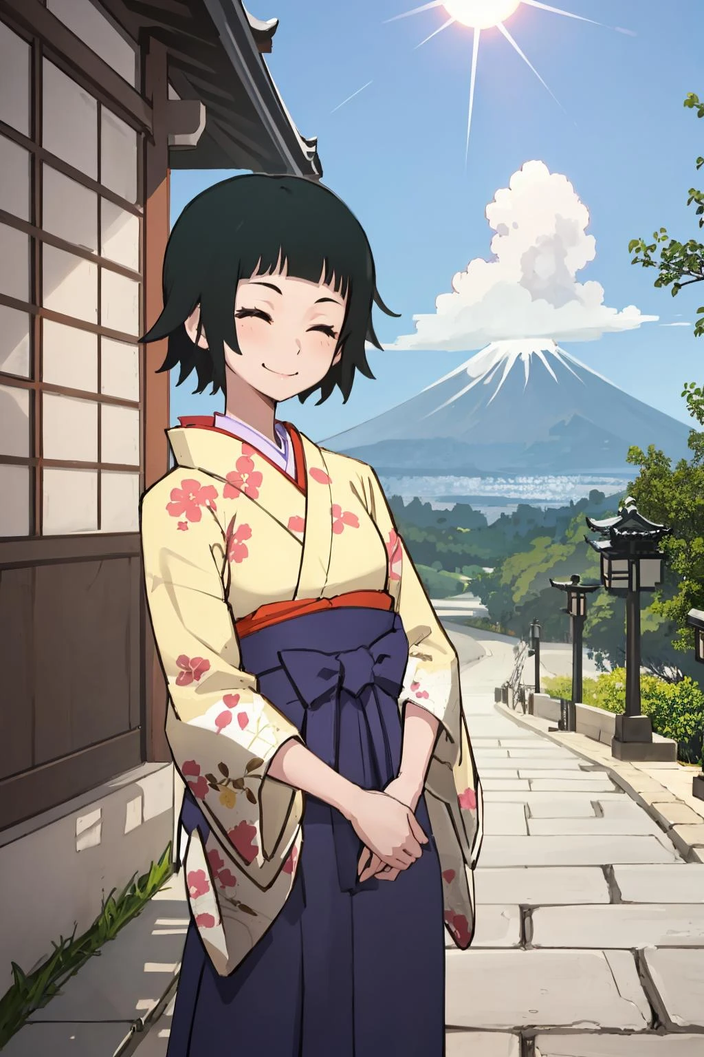 masterpiece, best quality, 1girl, <lora:MatoiTsunetsuki:0.7>Matoi, kimono, hakama, light smile, closed eyes, east asian architecture, temple, mount fuji, blue sky, sunlight, <lora:more_details:0.3>