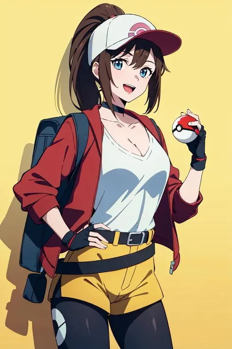 (extremely detailed CG unity 8k wallpaper),(masterpiece),(best quality),(ultra-detailed),(best illustration),(best shadow),(absurdres),  <lora:Female_PokemonGO-00040:0.7>,Trainer, 1girl, female protagonist (pokemon go), breasts, poke ball, gloves, hat, fingerless gloves, brown hair, holding, ponytail, blue eyes, holding poke ball, pokemon (creature), baseball cap, cleavage, open mouth, belt, smile, choker, poke ball (basic),, long hair, bag, yellow background, leggings, simple background, backpack, on shoulder, cowboy shothand on hip, looking at viewer, shorts, collarbone, jacket, :d,