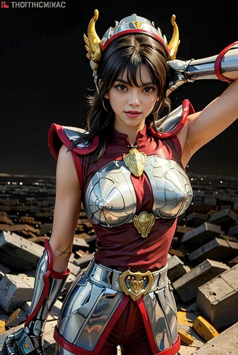 (Cinematic Photo:1.3) of (Realistic:1.3),(Energetic:1.3) (Cinematic Photo:1.3),(realistic photo:1.3), (masterpiece:1.3),Photoshop, best quality, ultra high res, (photorealistic:1.3) photorealistic, photo, masterpiece, realistic, realism, photorealism, high contrast, photorealistic, 8k HD, HD high definition detailed realistic, detailed, hyper detailed, realistic skin texture, armature, best quality, ultra high res, (photorealistic:1.4), high resolution, detailed, raw photo, sharp re, nikon d850 film stock photograph 4 kodak portra 400 camera f1.6 lens rich colors hyper realistic lifelike texture dramatic lighting, Rendered Holographic,Highly Detailed,(Velvia:1.3),
1 girl,russian girl,shiny skin, Pegasus Seiya, pegasus girl, <lora:saintSeiyaPegasus_v10:0.8>, (detail skin:1.2), realistic skin texture,best lighting, (Pegasus Seiya wearing a red short sleeve shirt,wearing a helmet,wearing red pants,wearing silver armor),(perfect breast:1.3), <lora:koreanDollLikeness_v15:0.6> , in the middle of the battlefield, sparkle, night, from below,mecha armor,
artwork in the style of guweiz, hyper real highly detailed, zodiac scales, a heavey metal magazine cover, a beautiful kitsune woman, manga styling, thematic city of chinese background,
ArtStation,DeviantArt contest winner,thematic background,robot pegasus mecha in back, <lora:thickCoatCGStyle_v20:0.4> <lora:chineseDragonChinese_molongV20Colorful:0.6>