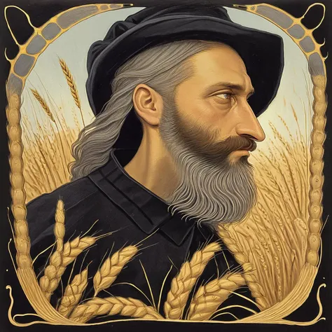 <lora:fidus_v2_7200:1>, fidus style, painting of 1 prince in profile,  russian, beard, border of wheat fields, black crown, unsmiling face, fairy,