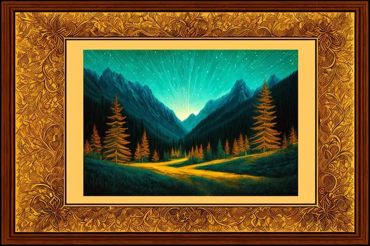 <lora:fidus_v1_2720:1> lithography of a nocturnal forest landscape, art, (fidus style:1.5), mixed media, ornamental frame, runic inscriptions, fine art, masterpiece, awardwinning, trending on artstation, best quality